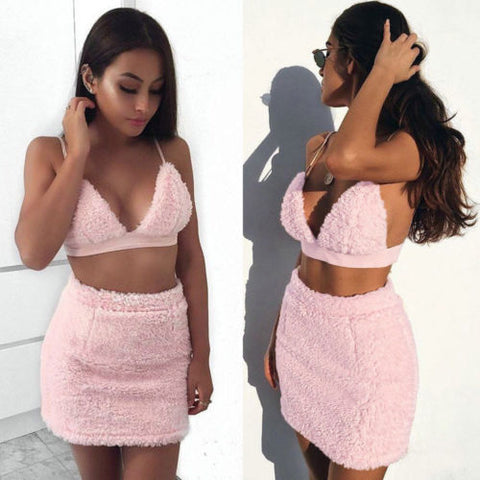 2Pcs Womens Solid Pink Sweet Casual Sexy Crop Top Bra Summer Beach Mini Skirt Bodycon Party Dress Set