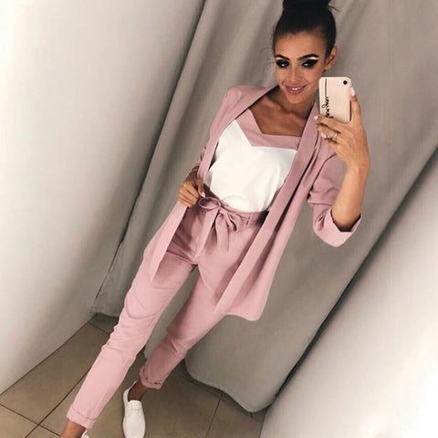 Women V Neck 3 Piece Suit Lace Up Waisted Slim Bracelet Sleeve Blazer with Strap Vest & Trouser Set Female Pant Suits
