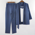 Women V Neck 3 Piece Suit Lace Up Waisted Slim Bracelet Sleeve Blazer with Strap Vest & Trouser Set Female Pant Suits