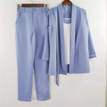 Women V Neck 3 Piece Suit Lace Up Waisted Slim Bracelet Sleeve Blazer with Strap Vest & Trouser Set Female Pant Suits