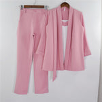 Women V Neck 3 Piece Suit Lace Up Waisted Slim Bracelet Sleeve Blazer with Strap Vest & Trouser Set Female Pant Suits