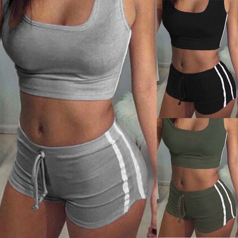 2Pcs Women Summer Clothing Set Sleeveless Crop Top Shorts Tracksuit Set Women Casual Clothes Set Suit
